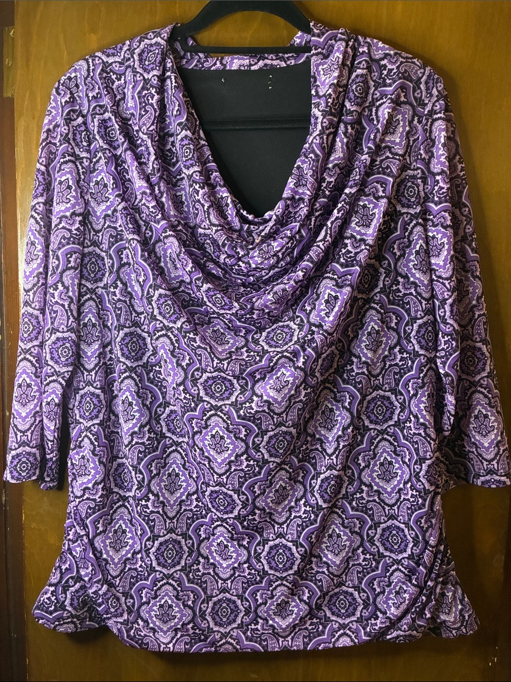 Purple Patterned Cowl Neck Blouse